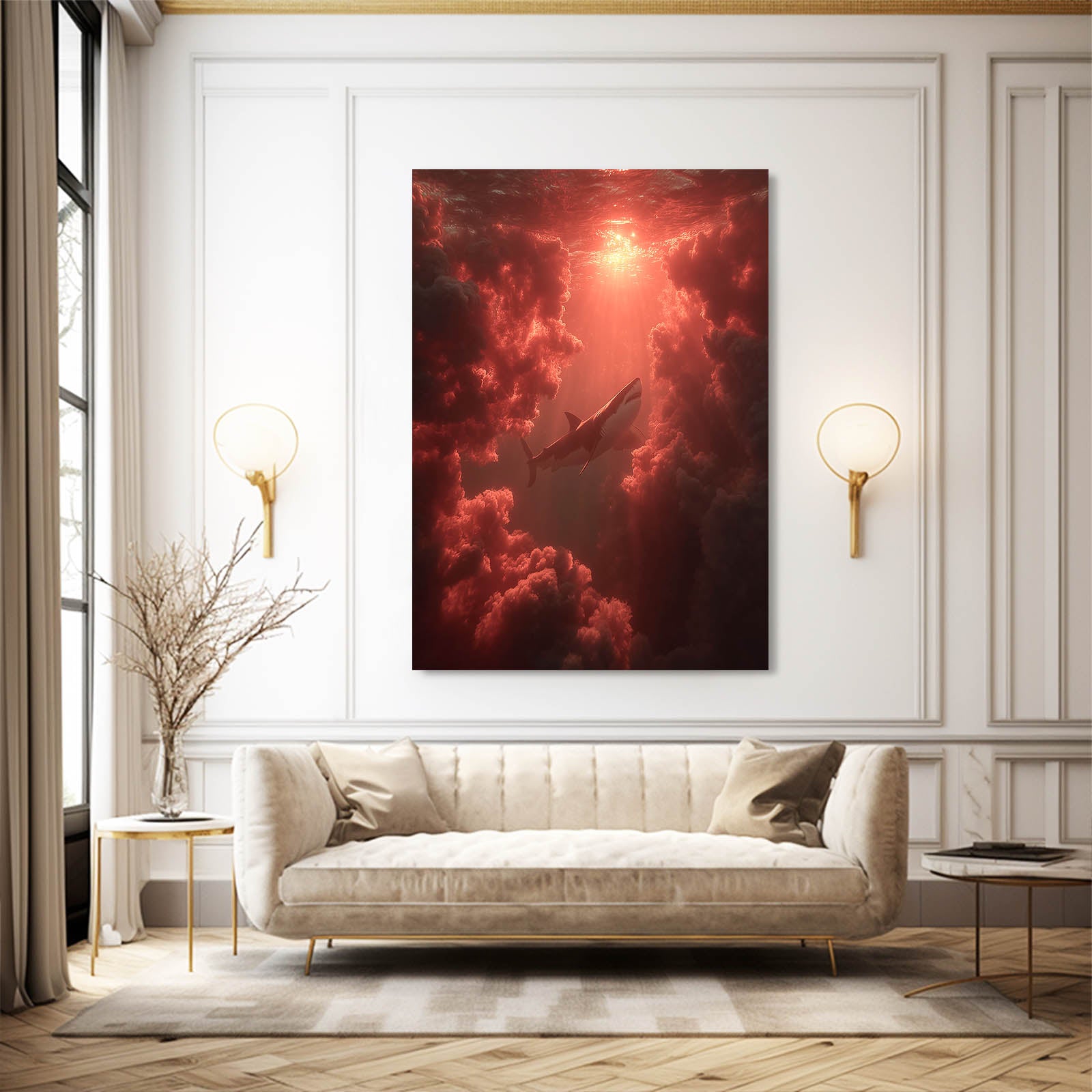 Red Cloud Silhouette Shark Prints – styled in a furnished interior