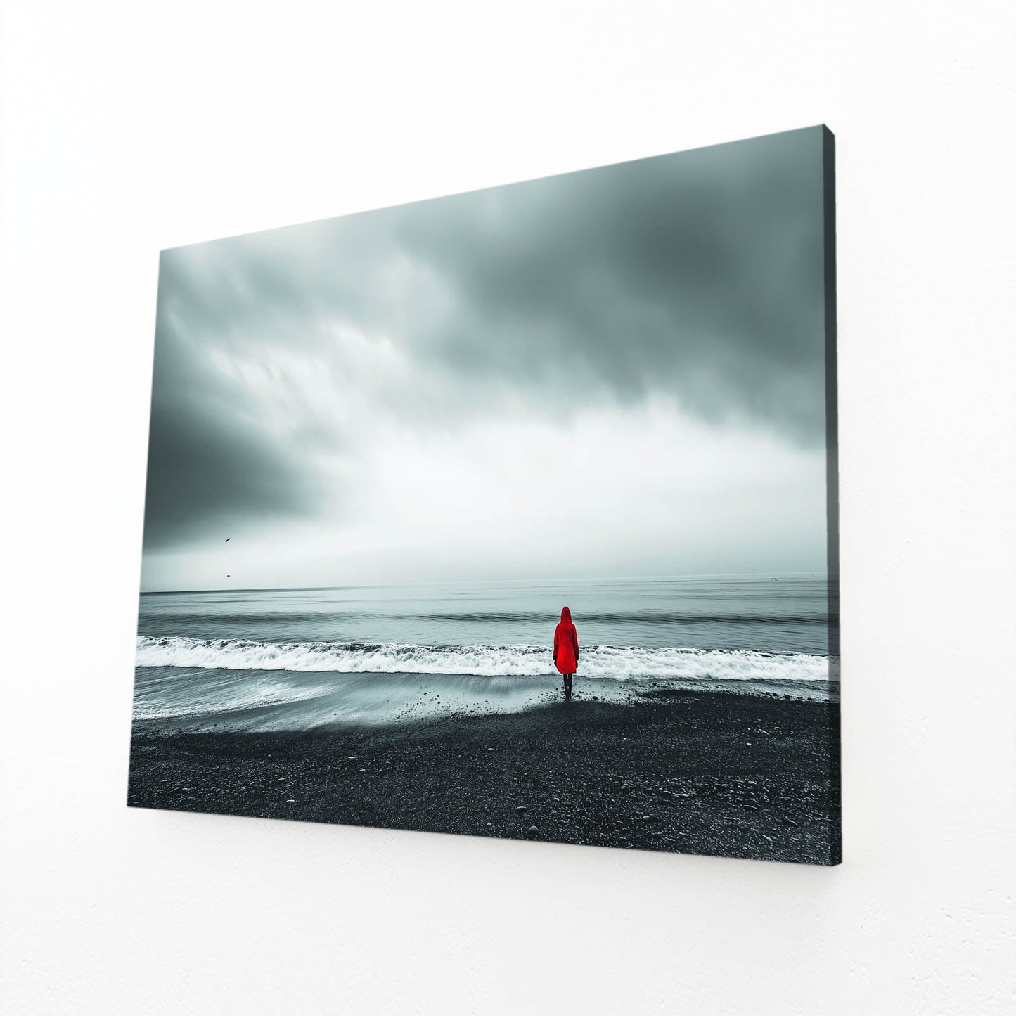 Red Coat Beach Photography Canvas – angled canvas view on white background