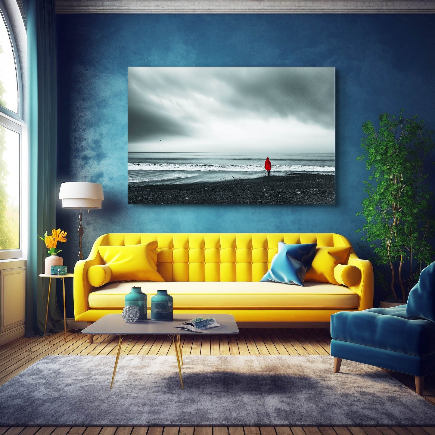 Red Coat Beach Photography Canvas – above a yellow sofa against a blue wall