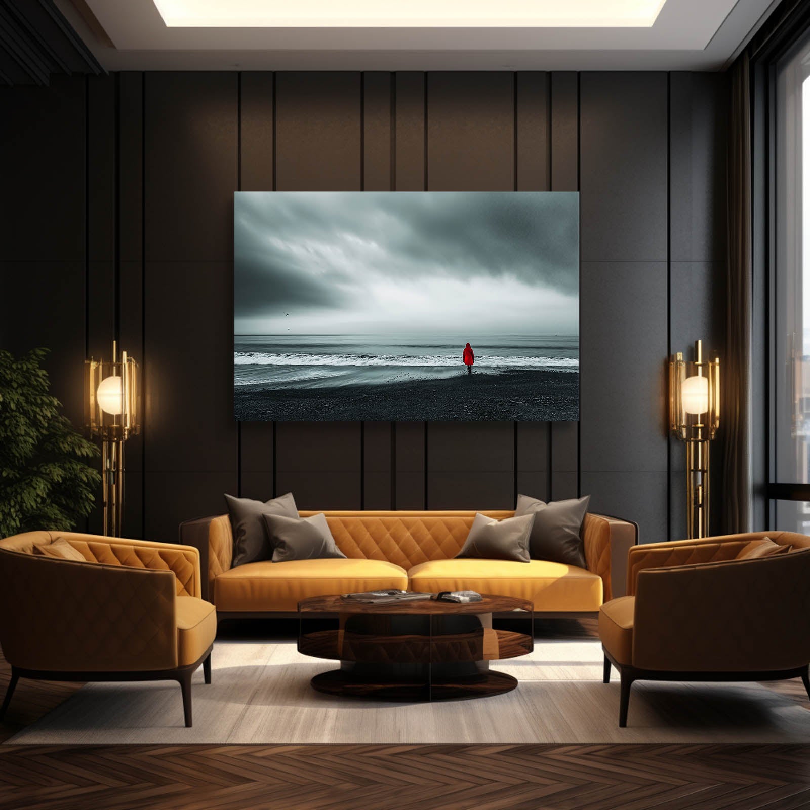Red Coat Beach Storm Photography Prints – styled in a furnished interior