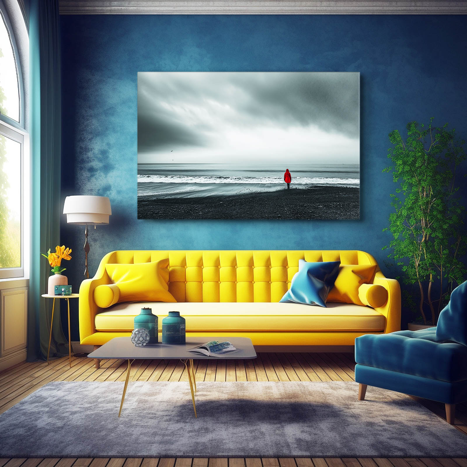 Red Coat Beach Storm Photography Prints – styled in a furnished interior