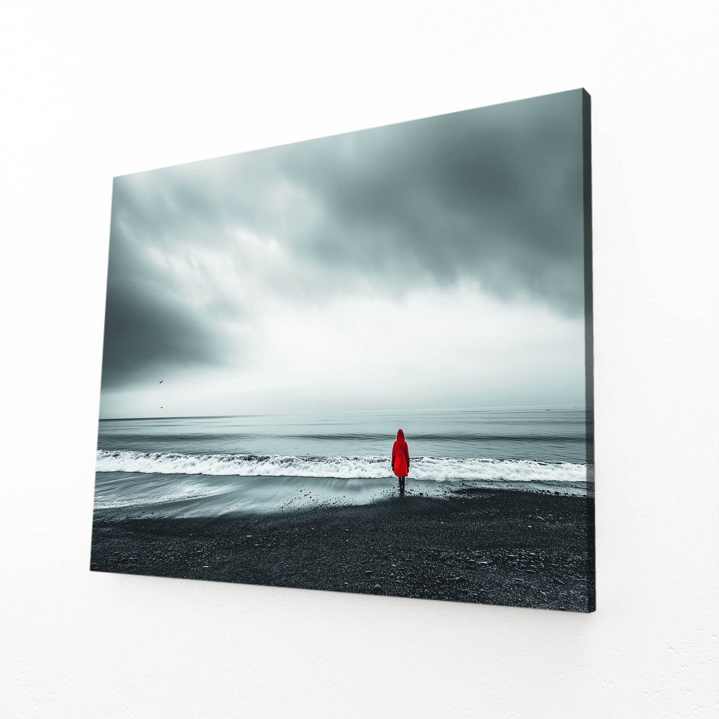 Red Coat Beach Storm Photography Prints – angled canvas view on white background