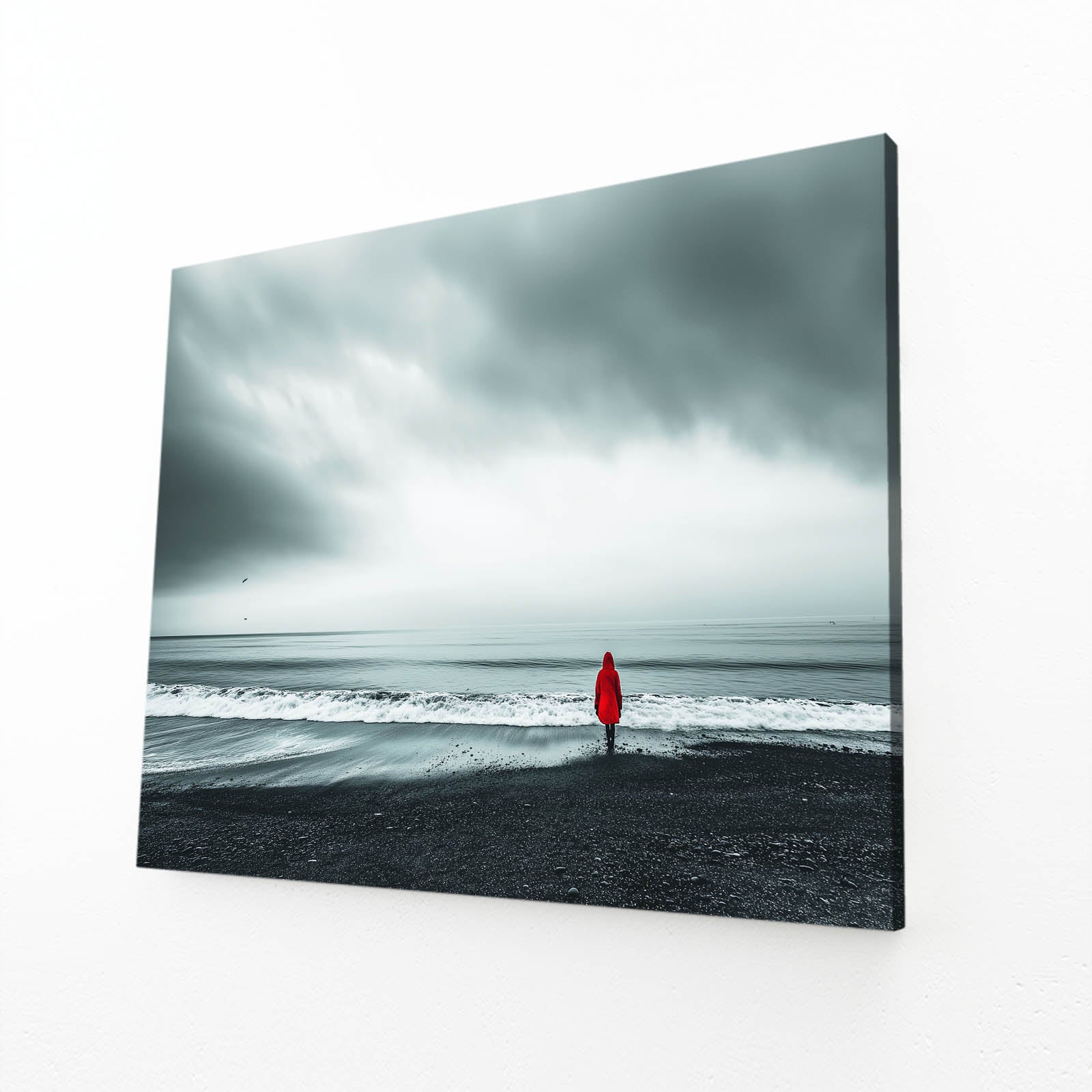 Red Coat Beach Storm Photography Prints – angled canvas view on white background