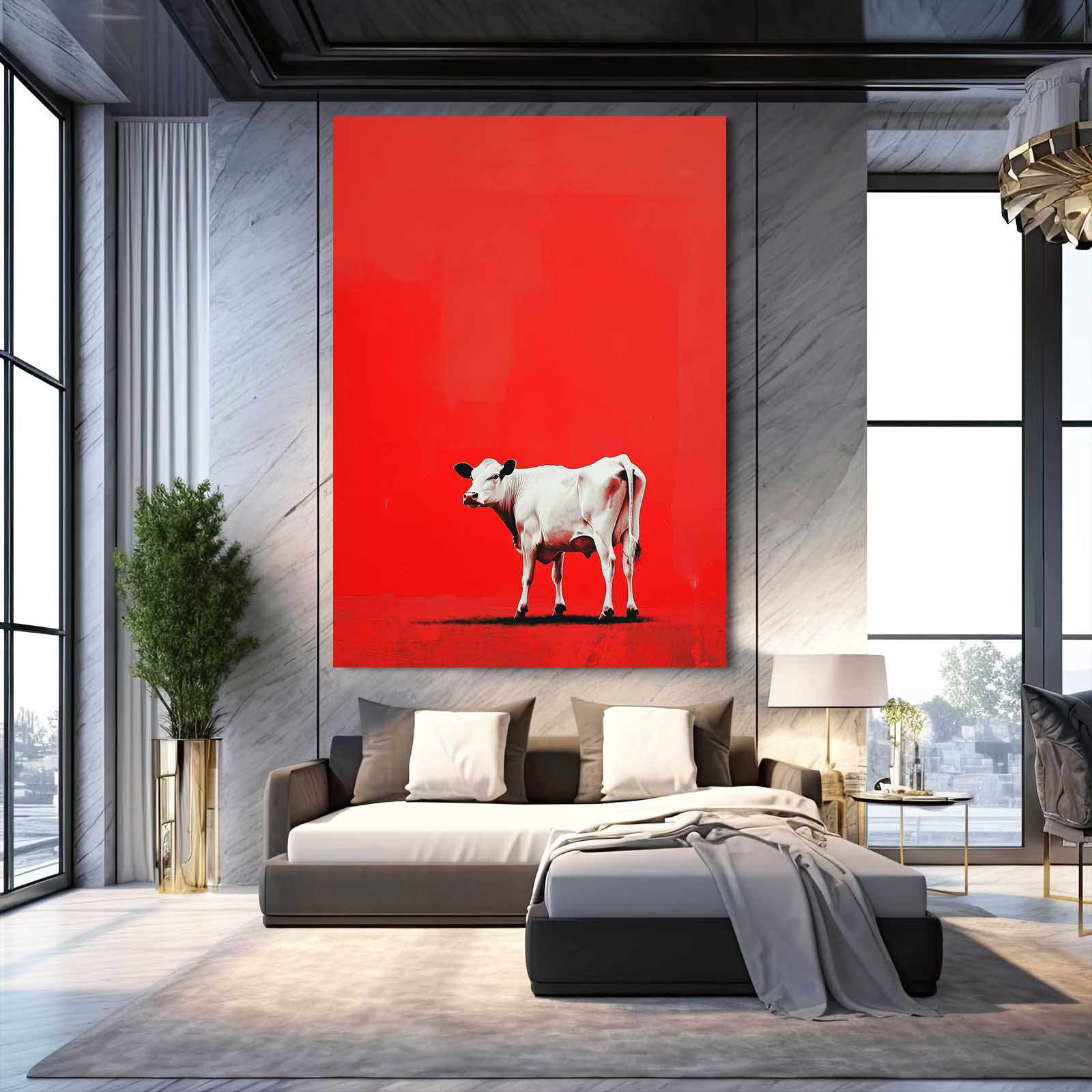 Red Cow Wall Art – angled canvas view on white background