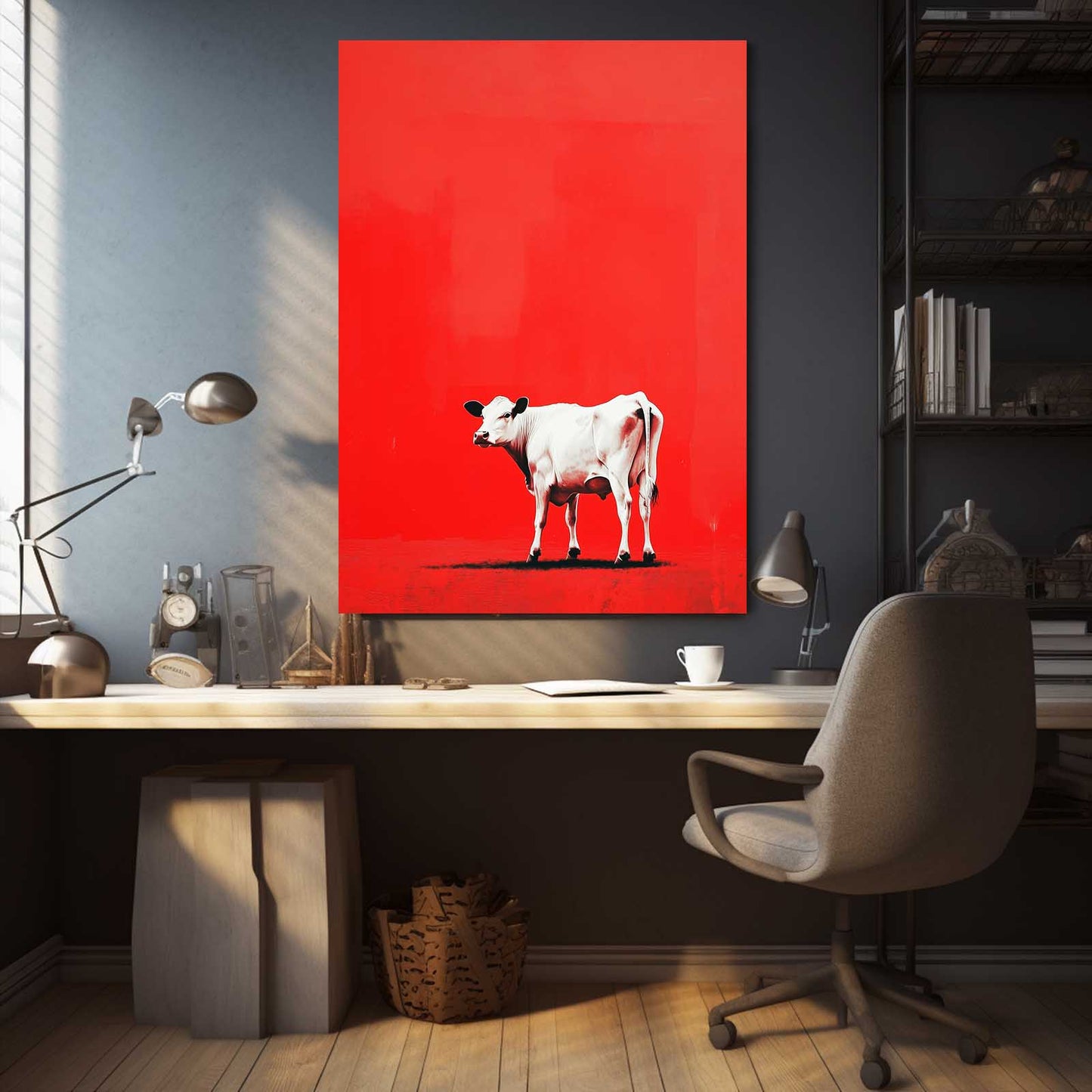 Red Cow Wall Art – angled canvas view on white background