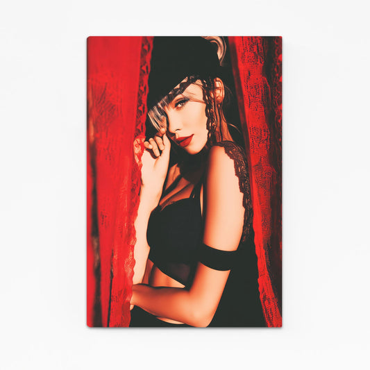 Red Curtain Photography Prints – woman in black beside a flowing red curtain