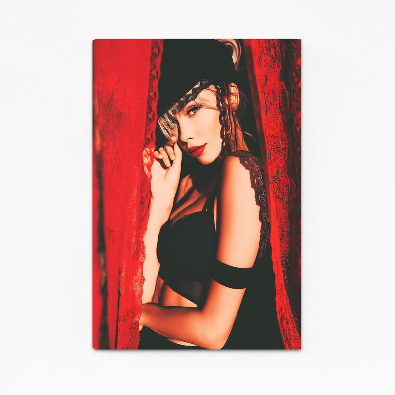 Red Curtain Photography Prints – woman in black beside a flowing red curtain