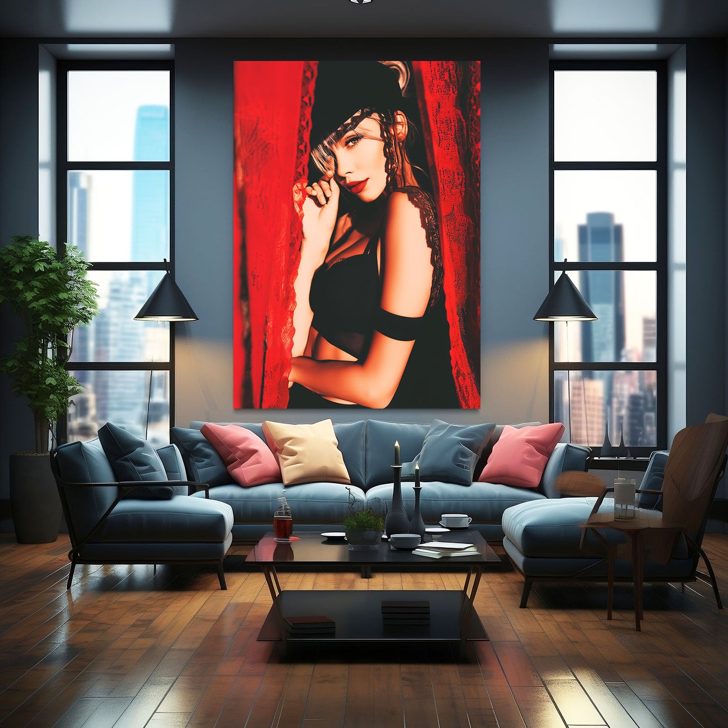 Red Curtain Portrait Photography Wall Decor – styled in a furnished interior