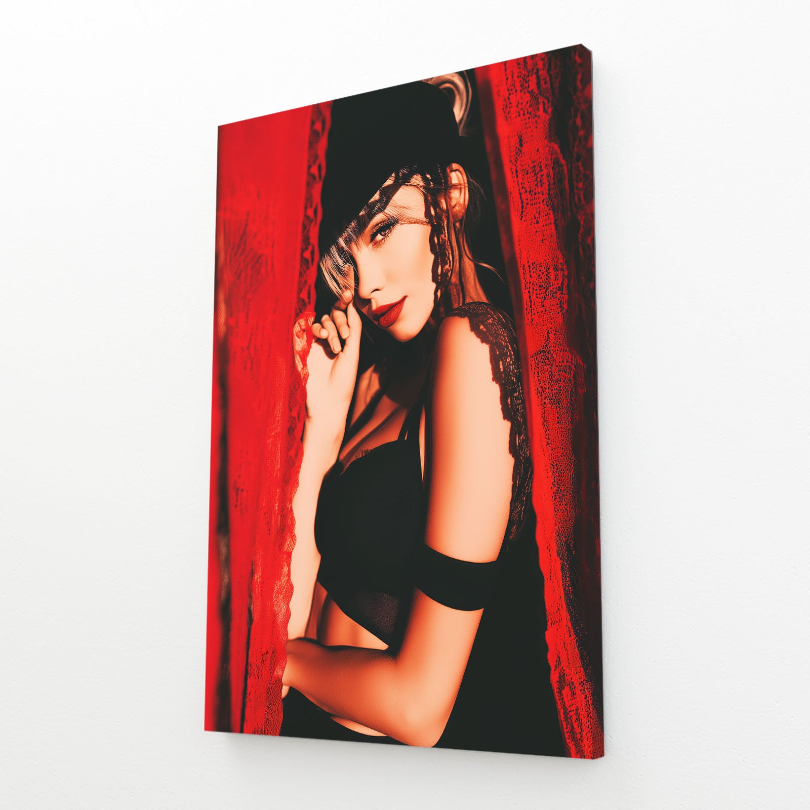 Red Curtain Portrait Photography Wall Decor – angled canvas view on white background
