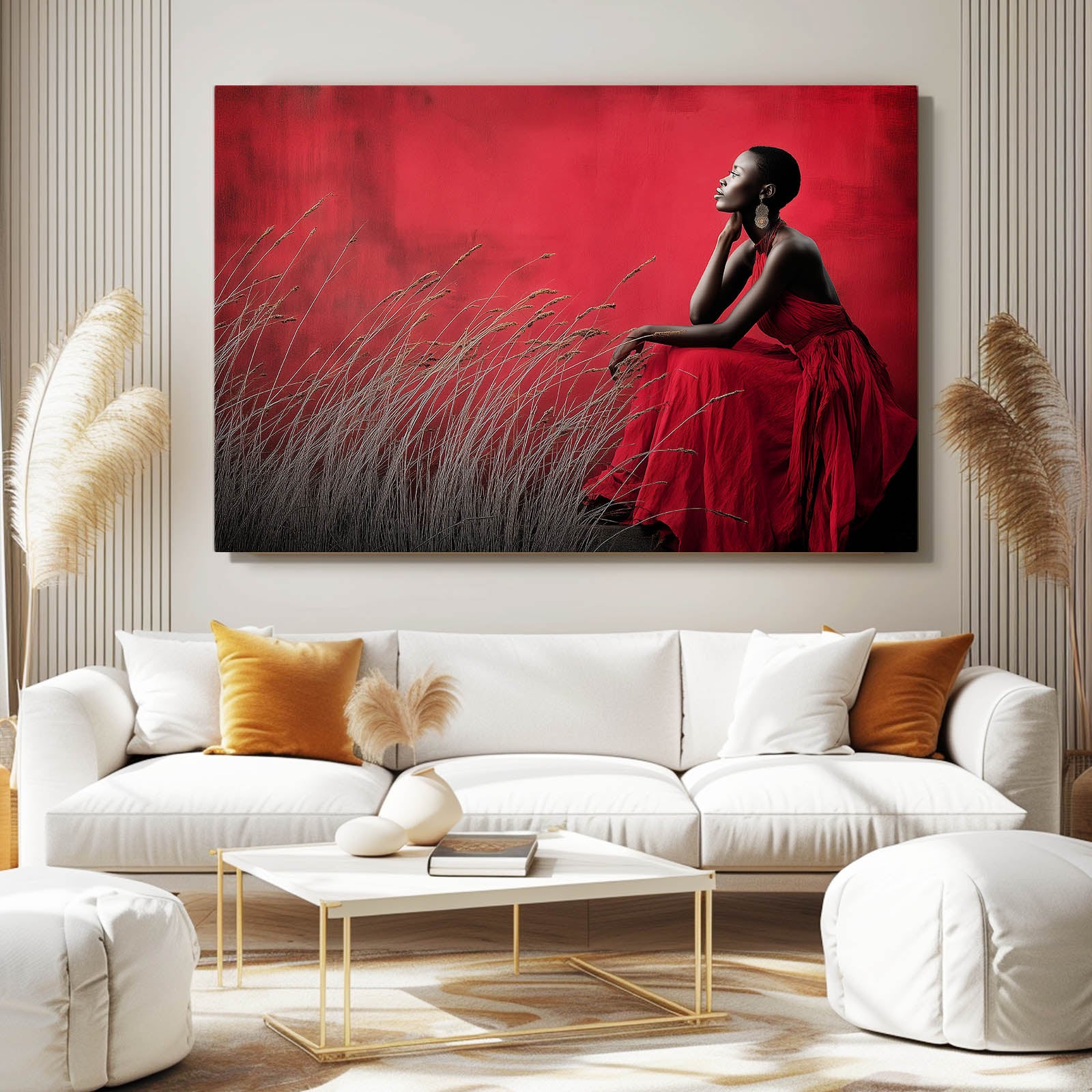Red Dress Grass Field Photography Wall Art – styled in a furnished interior