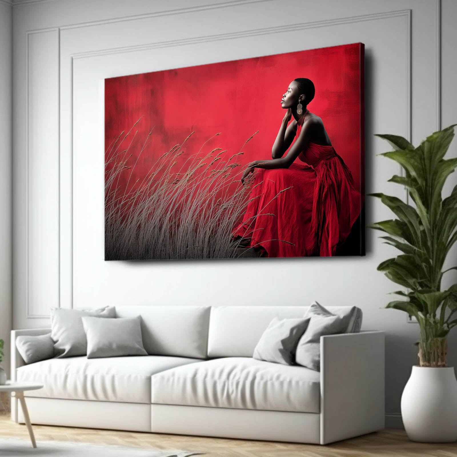 Red Dress Grass Field Photography Wall Art – styled in a furnished interior