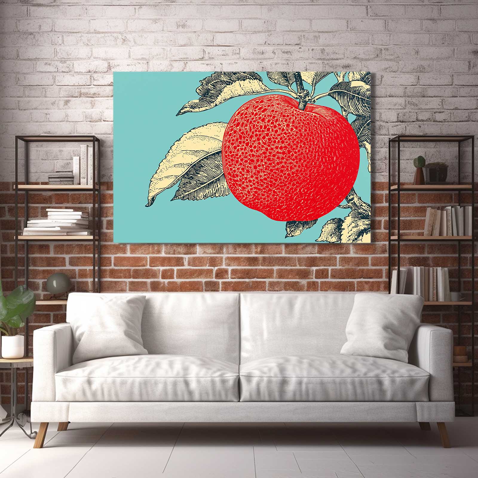 Red Engraving Mint Apple Wall Art – styled in a furnished interior