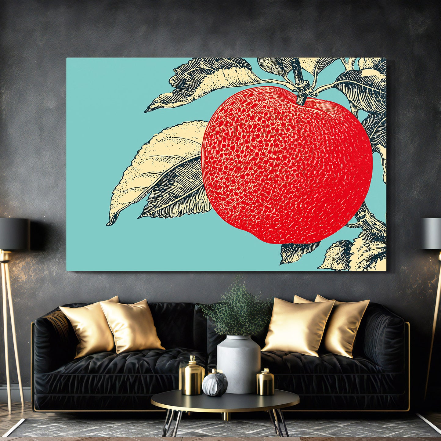 Red Engraving Mint Apple Wall Art – styled in a furnished interior