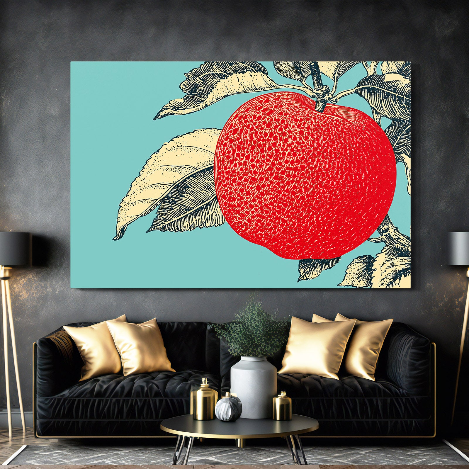 Red Engraving Mint Apple Wall Art – styled in a furnished interior