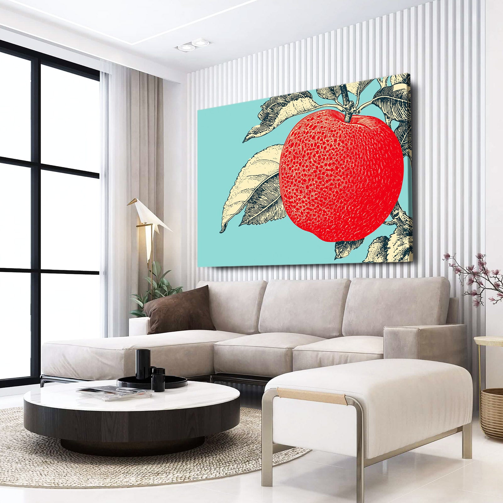 Red Engraving Mint Apple Wall Art – styled in a furnished interior