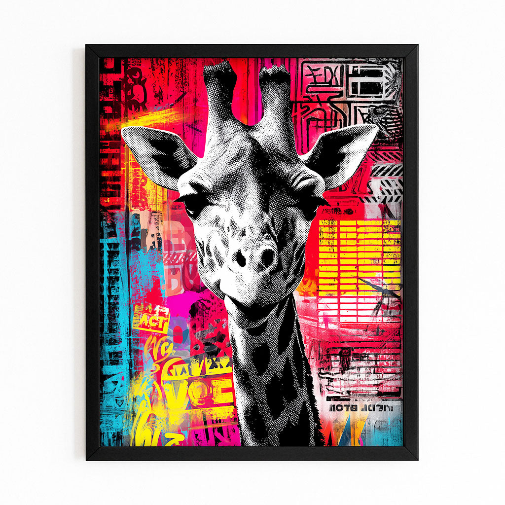 Framed artwork of a giraffe with a colorful abstract background