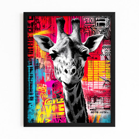 Framed artwork of a giraffe with a colorful abstract background