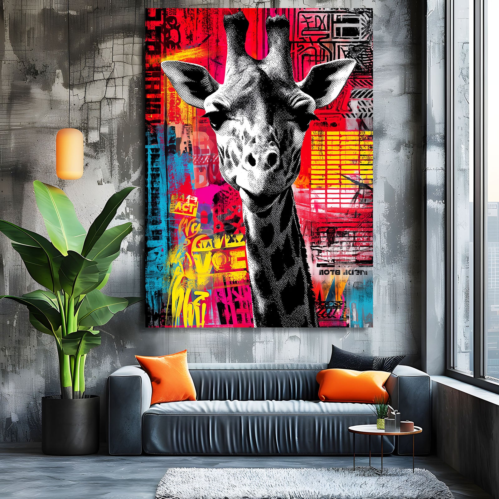 Modern living room with a large abstract painting of a giraffe on the wall.