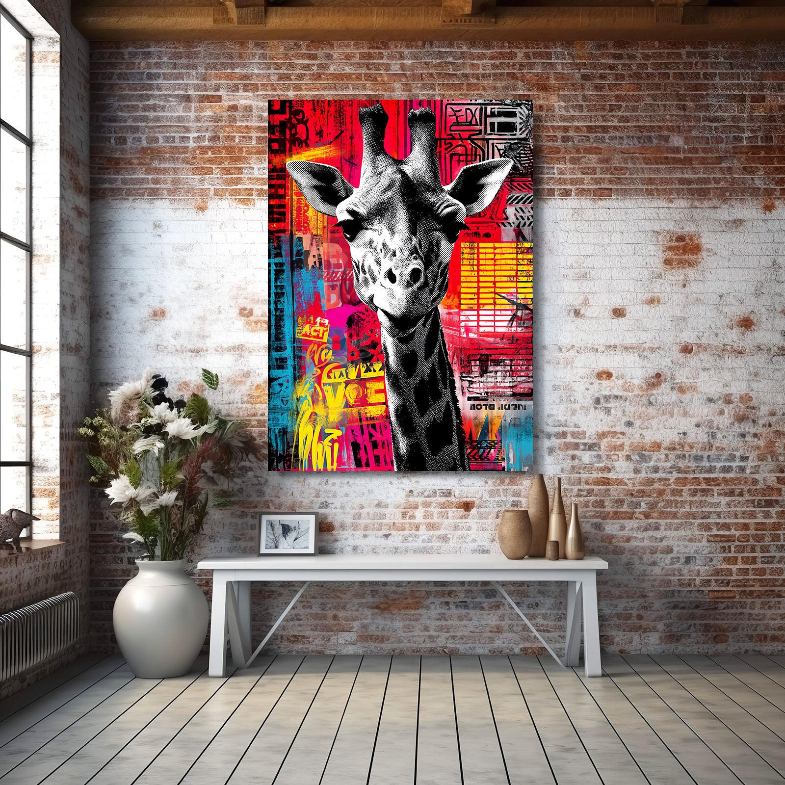 Colorful abstract painting of a giraffe on a brick wall with a white bench and decorative items.