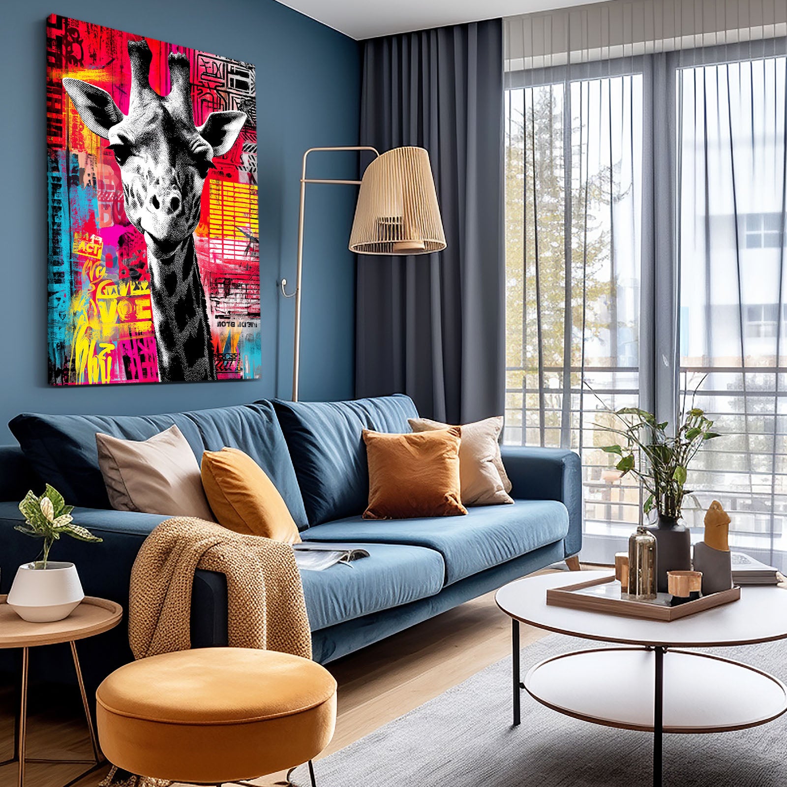 Modern living room with a blue sofa, colorful giraffe painting, and large windows.