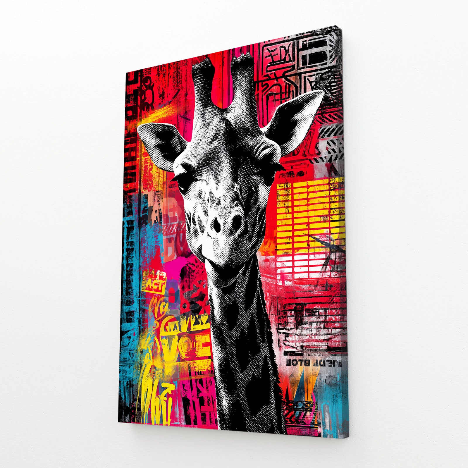Canvas print with a stylized giraffe against a colorful abstract background