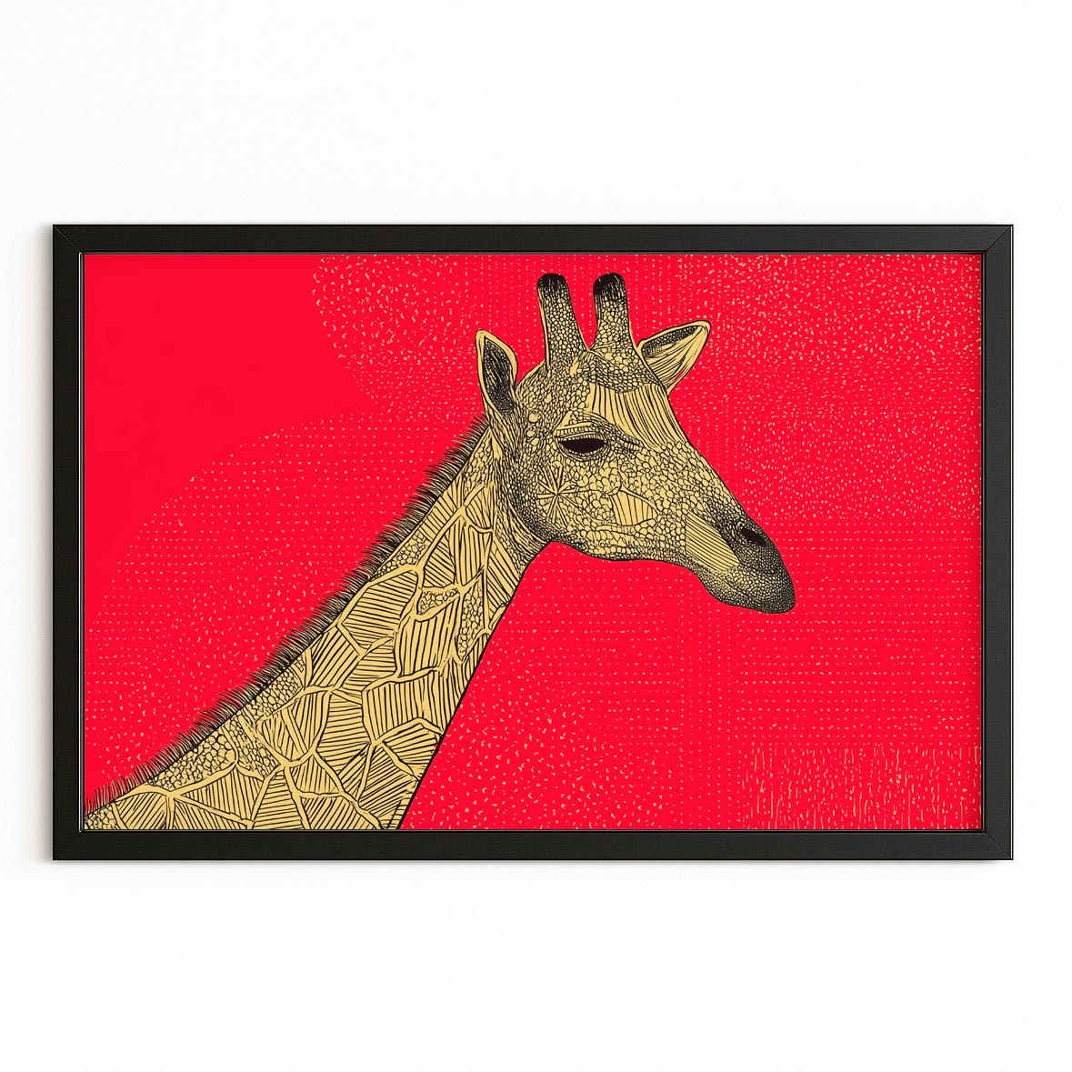 Framed artwork of a giraffe with a geometric pattern on a red background
