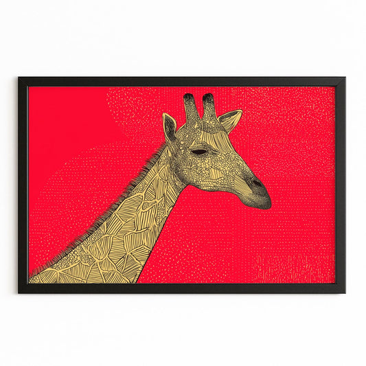 Framed artwork of a giraffe with a geometric pattern on a red background