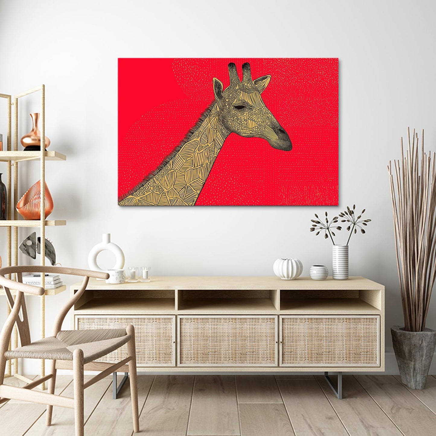 Giraffe painting on a red background in a modern interior setting.