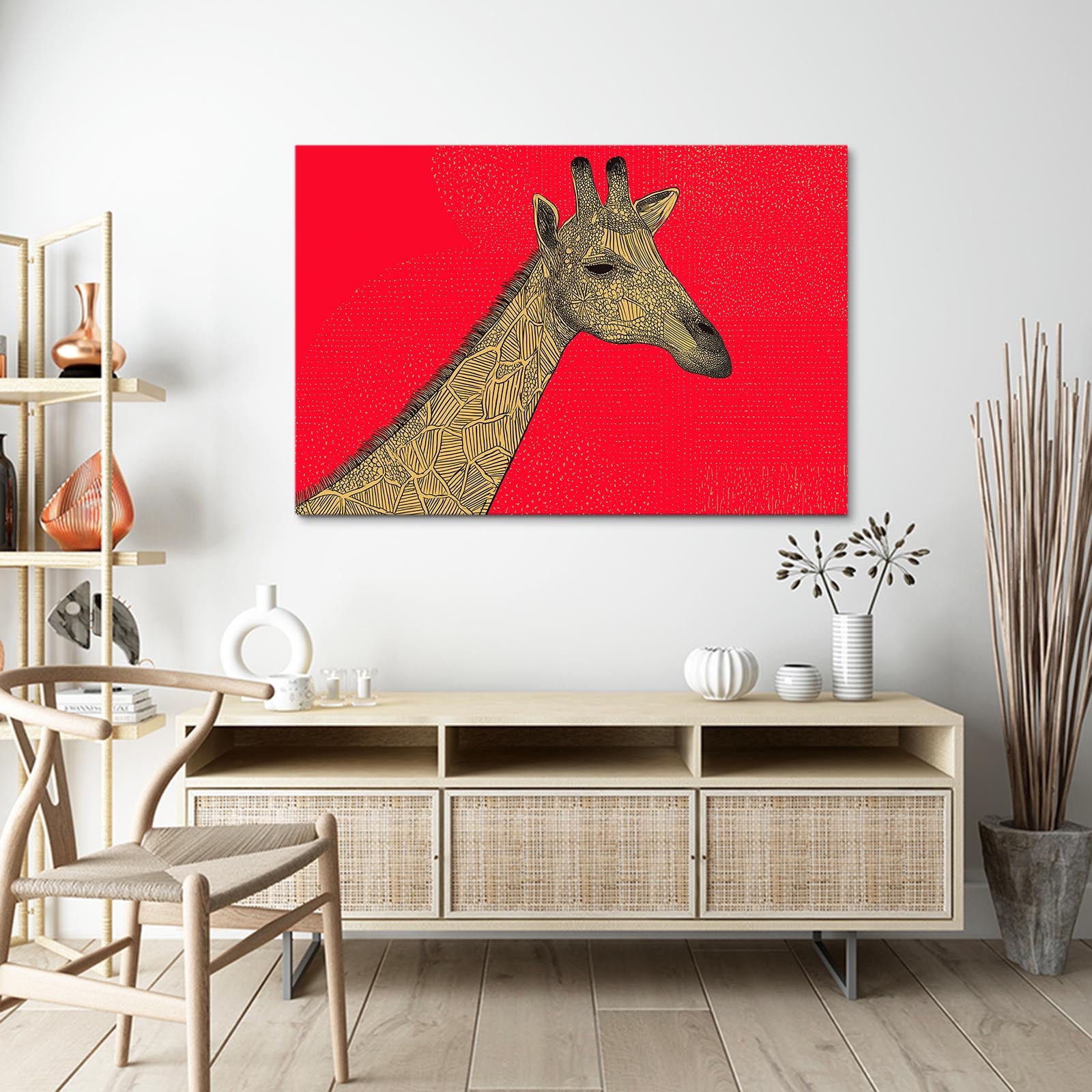 Giraffe painting on a red background in a modern interior setting.