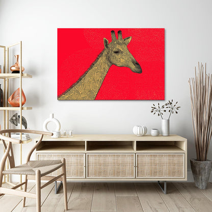 Giraffe painting on a red background in a modern interior setting.