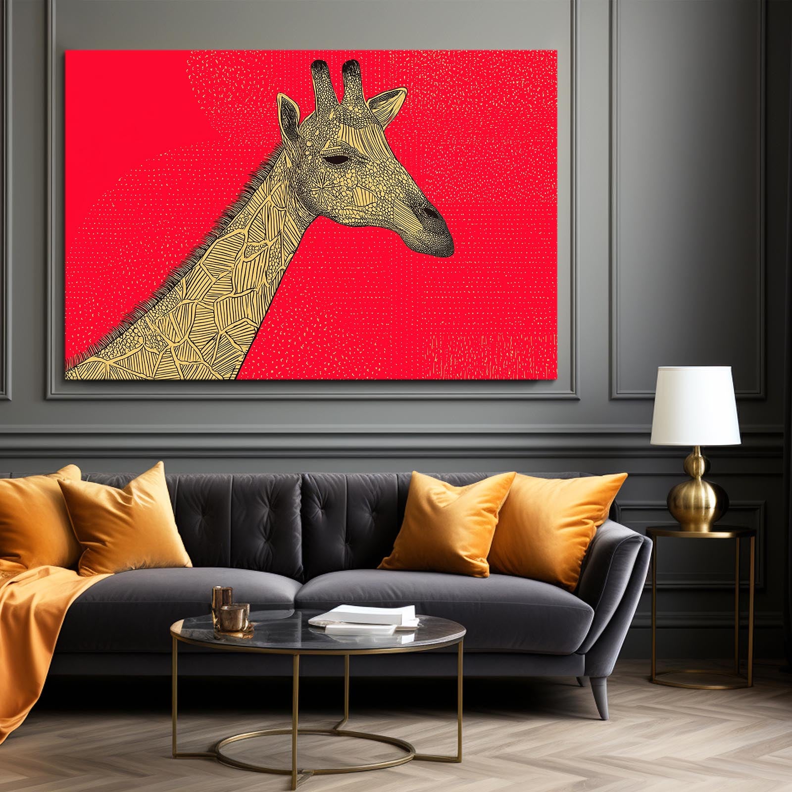 Living room with a gray sofa, gold lamp, and framed artwork of a giraffe on a red background.