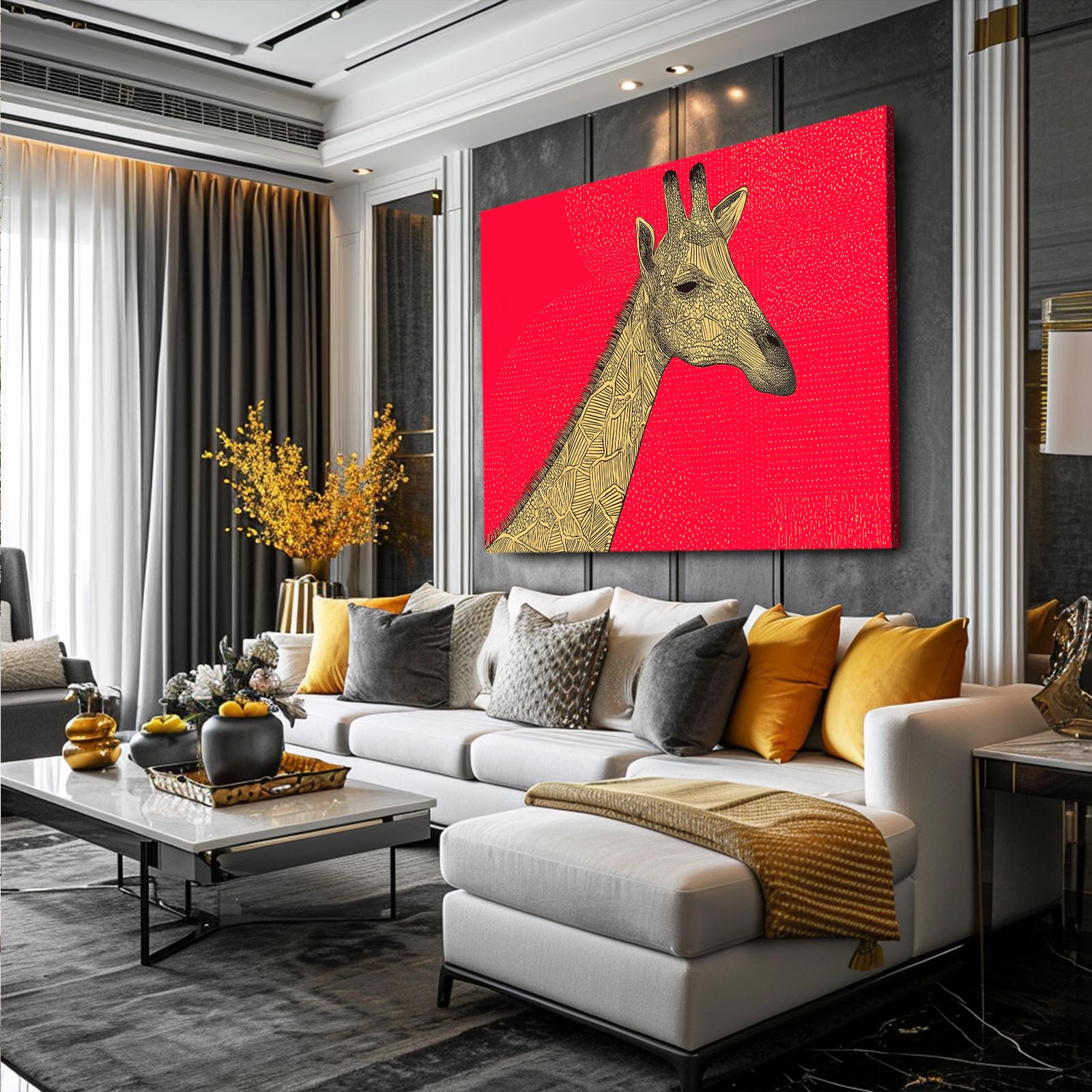 Modern living room with a giraffe painting on a red background