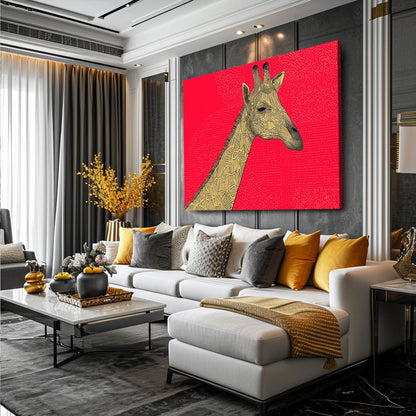 Modern living room with a giraffe painting on a red background