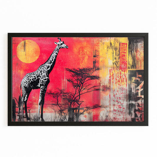 Artistic depiction of a giraffe against a vibrant red and orange background with abstract elements.
