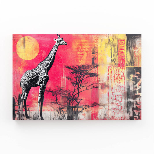 Giraffe painting with abstract background on a white wall