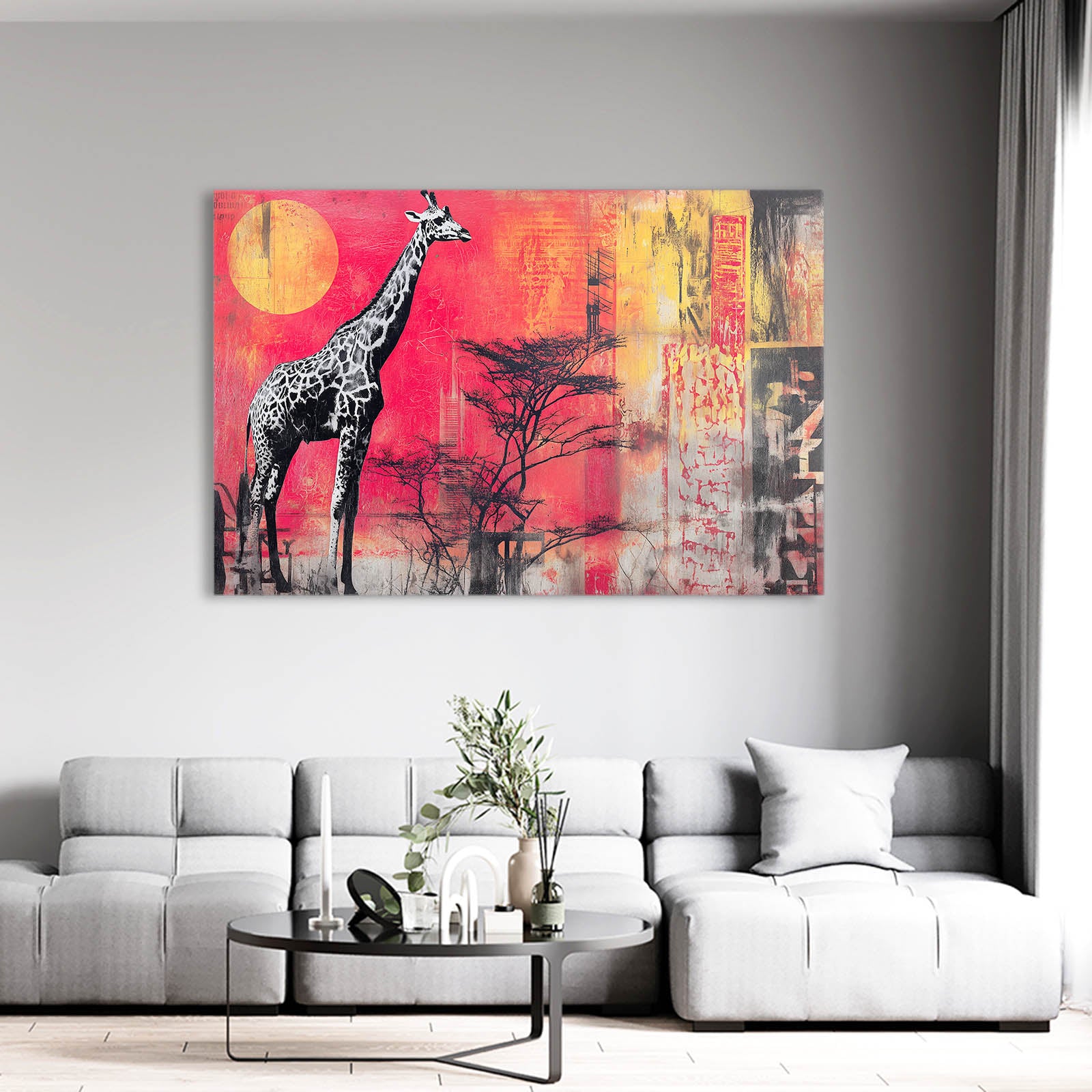 Abstract painting of a giraffe on a wall above a sofa in a living room.