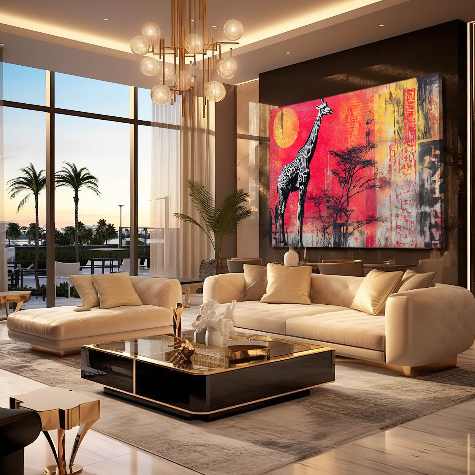 Modern living room with beige sofa, coffee table, and abstract giraffe painting.