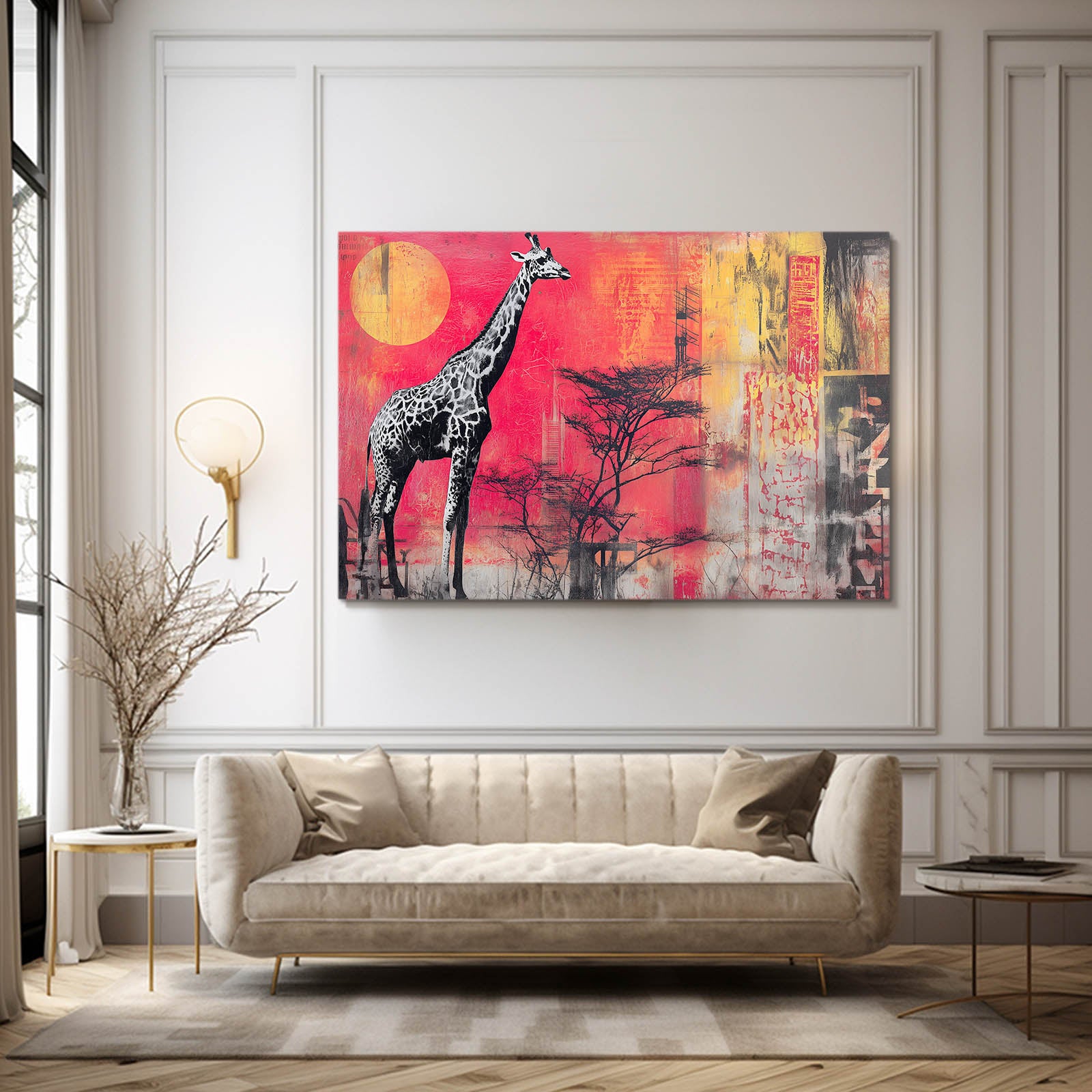 Living room with a beige sofa and a colorful abstract painting of a giraffe on the wall.