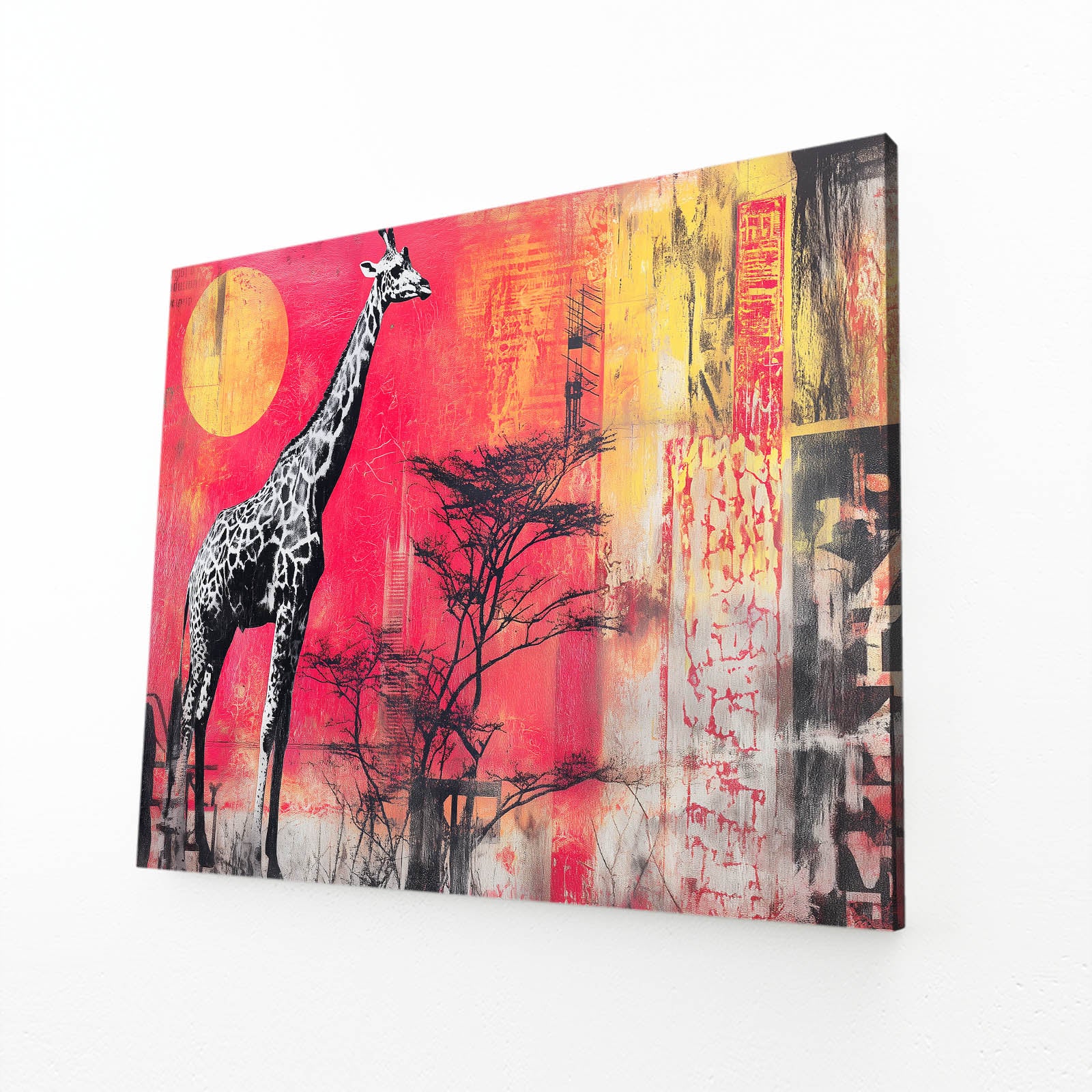 Canvas print of a giraffe and trees with a colorful abstract background
