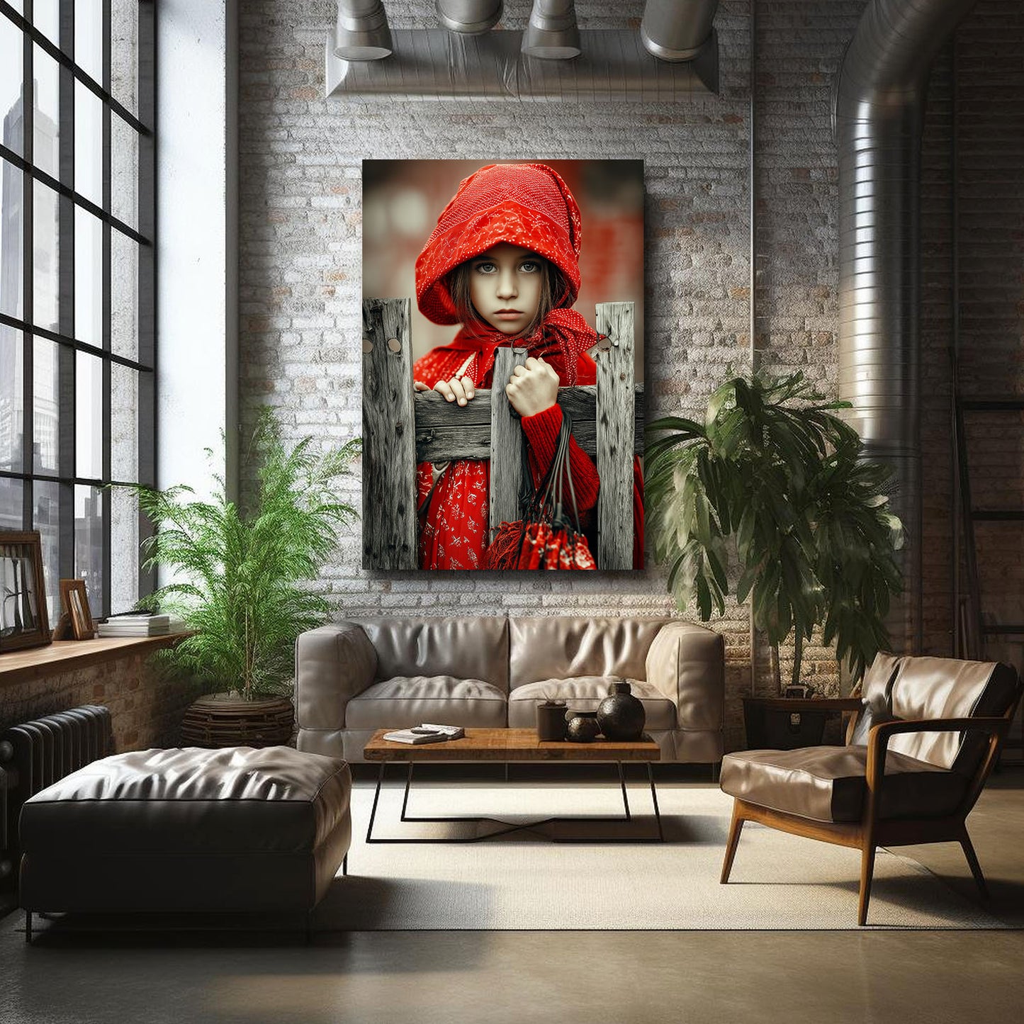 Red Hooded Girl Photography Wall Art – styled in a furnished interior