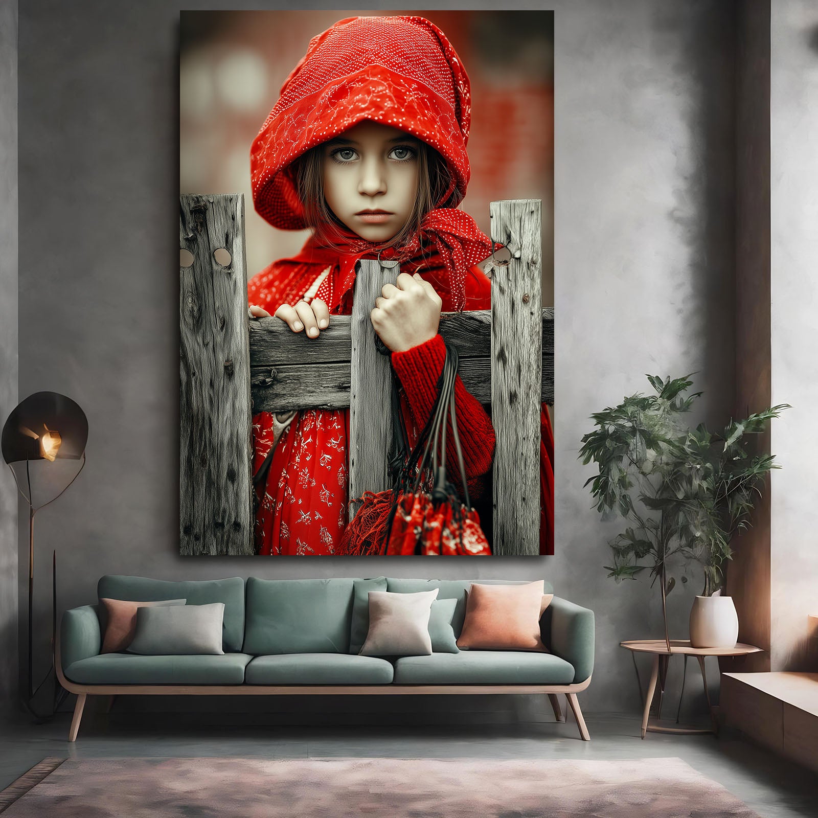 Red Hooded Girl Photography Wall Art – styled in a furnished interior