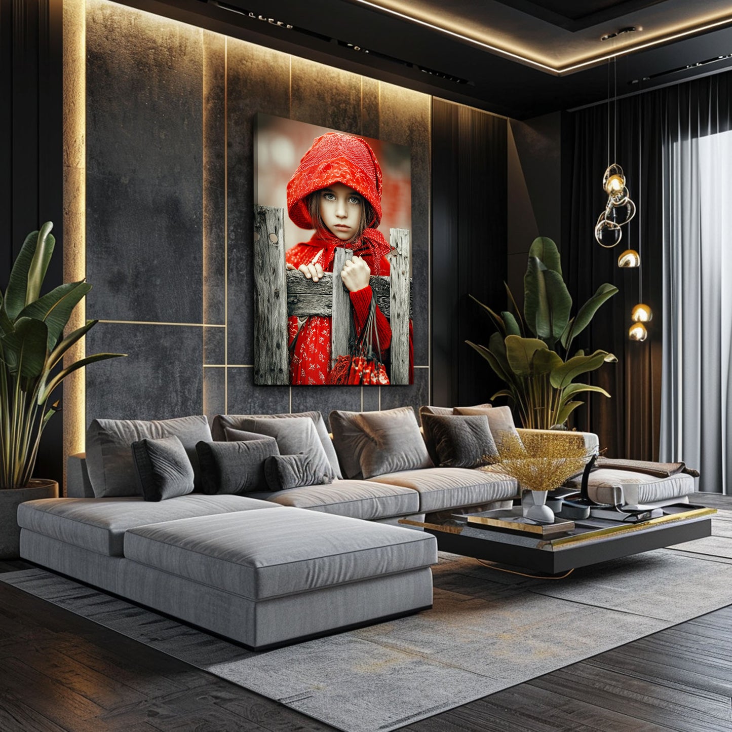 Red Hooded Girl Photography Wall Art – styled in a furnished interior