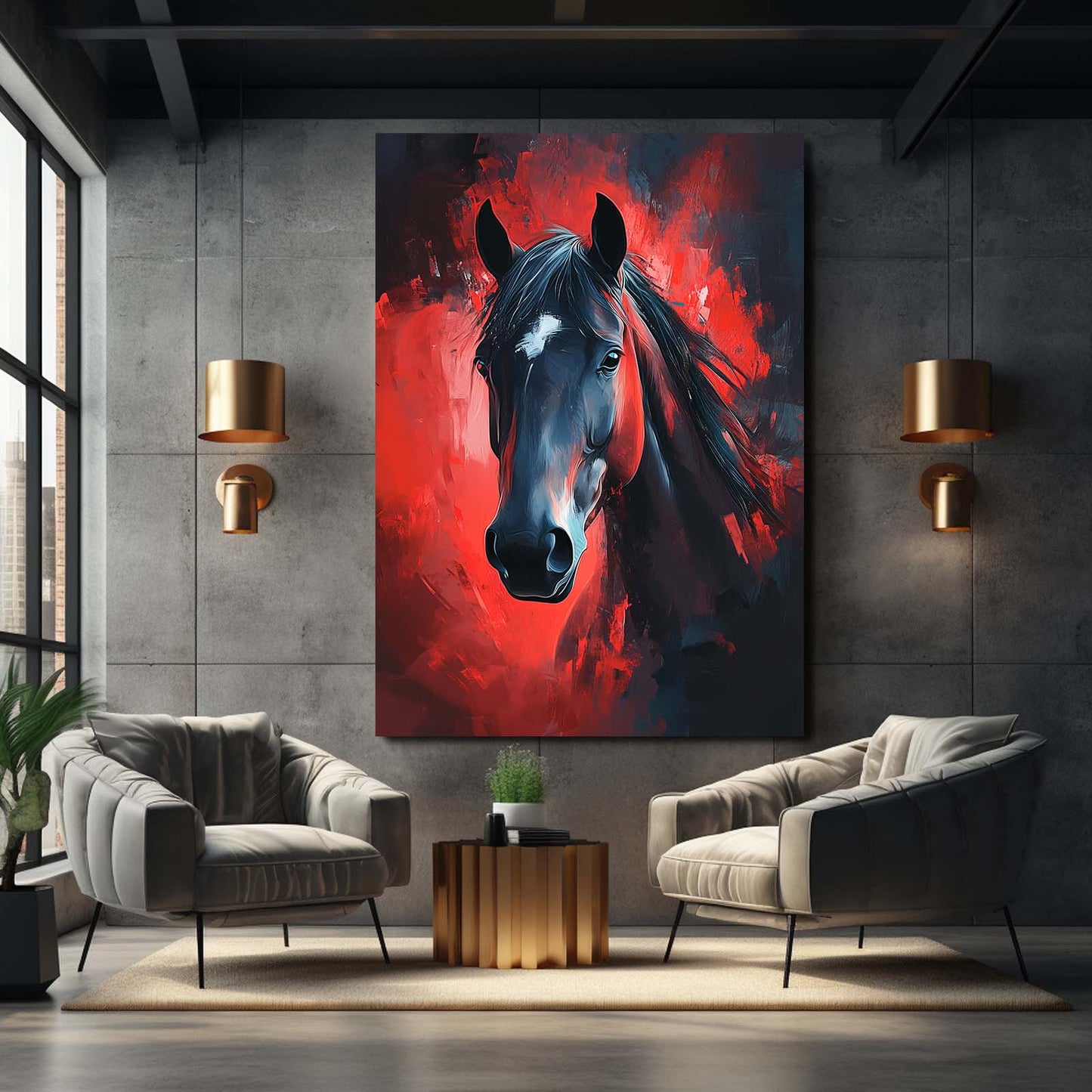 Red Horse Artwork – angled canvas view on white background