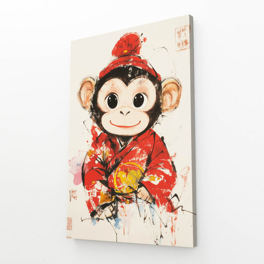 Red Kimono Cartoon Monkey Wall Decor – angled canvas view on white background