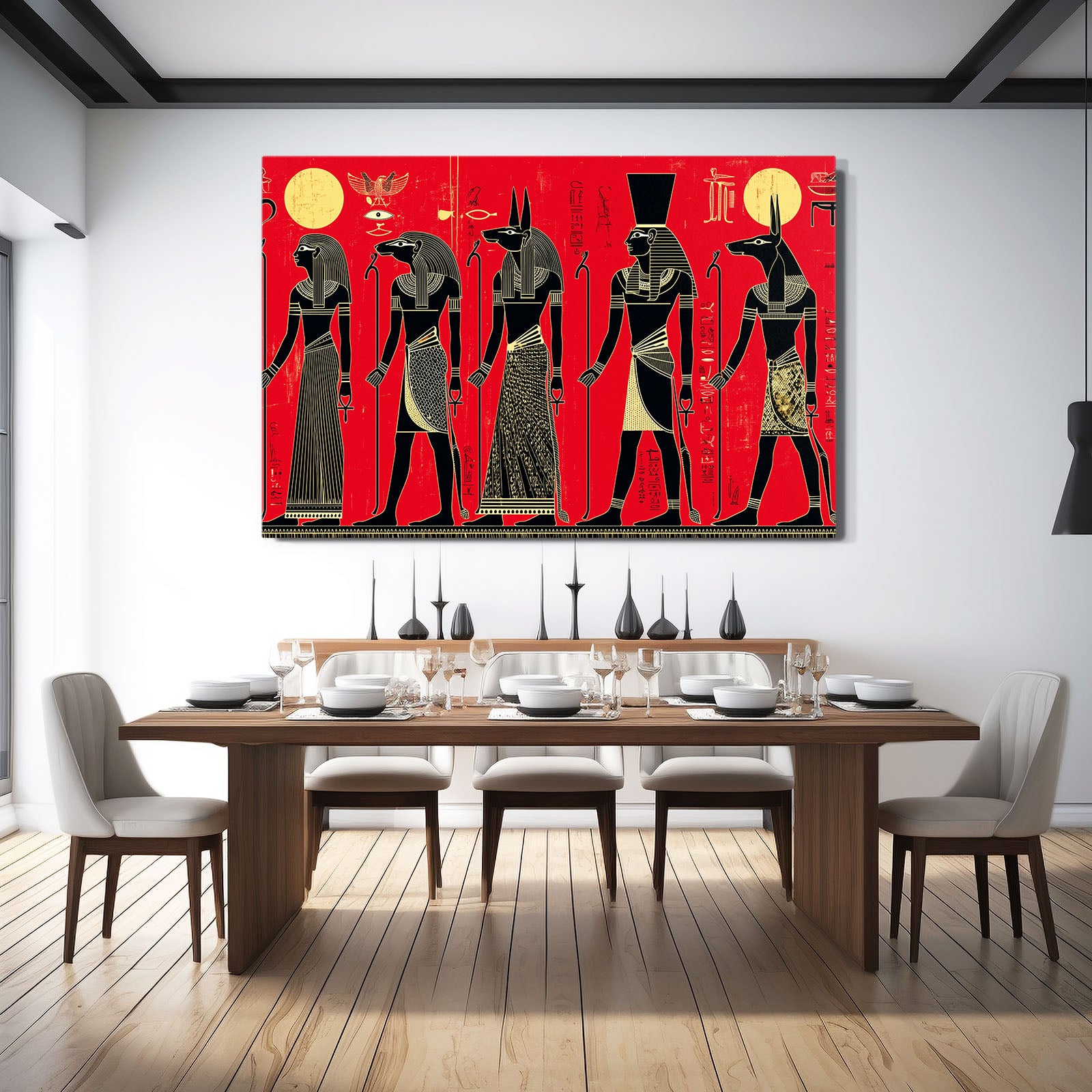 Red Silhouette Procession Egyptian Wall Art – styled in a furnished interior