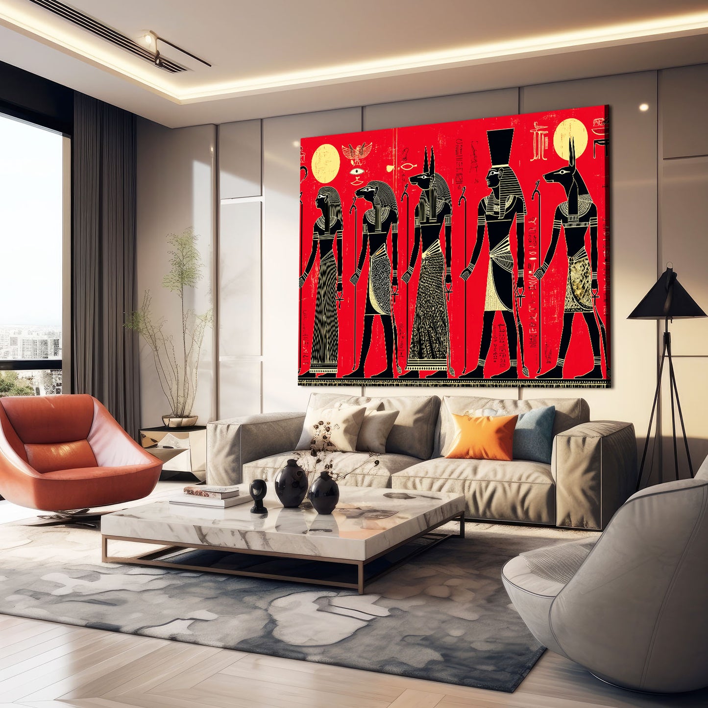 Red Silhouette Procession Egyptian Wall Art – styled in a furnished interior