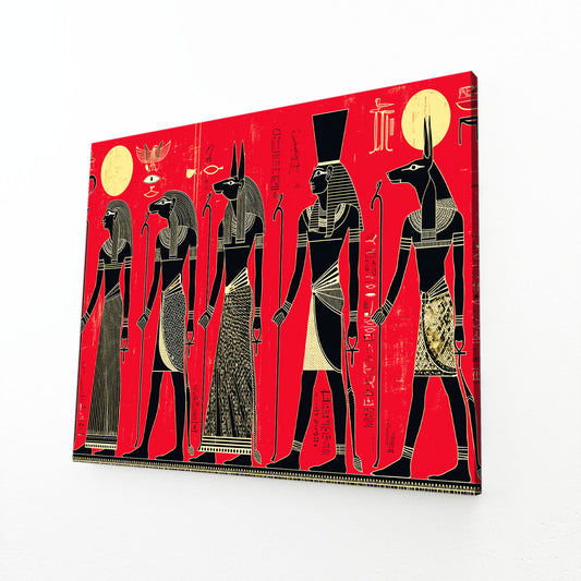 Red Silhouette Procession Egyptian Wall Art — contemporary canvas print, angled canvas view on white background