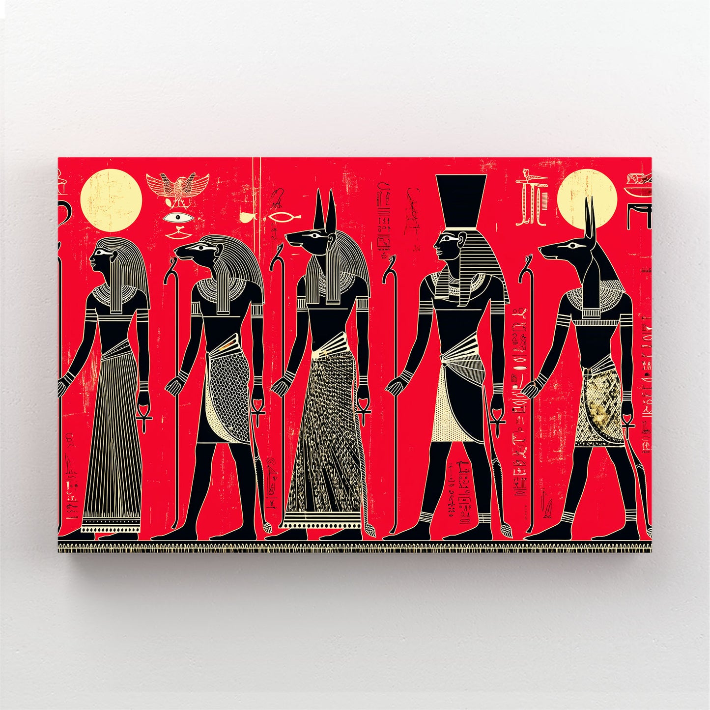 Red Silhouette Procession Egyptian Wall Art – styled in a furnished interior