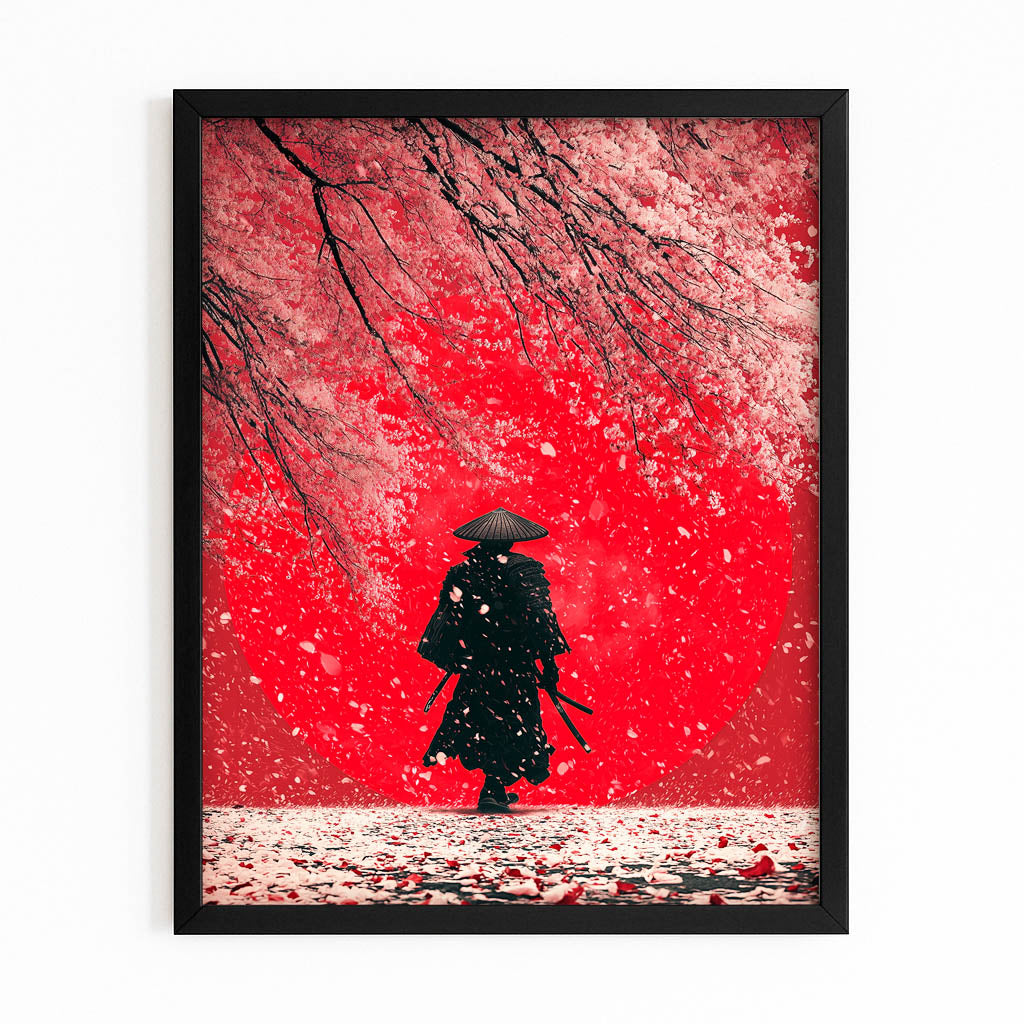 Red Snow Samurai Cherry Blossom Prints – with Premium Black frame on white background