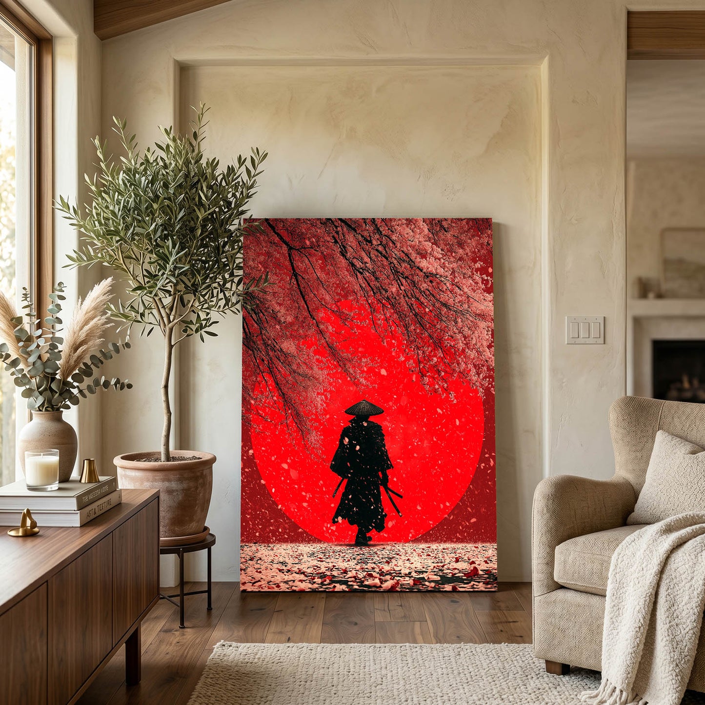 Red Snow Samurai Cherry Blossom Prints – styled in a furnished interior
